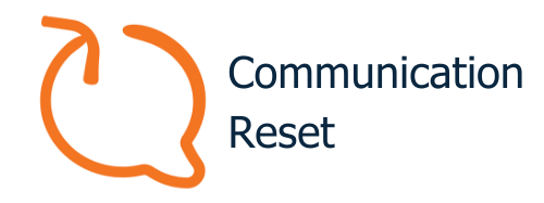 an orange speech bubble with a dynamic reset arrow and the words Communication Reset next to it in navy blue